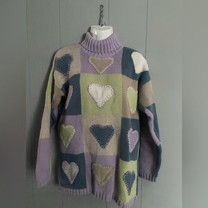 💜Vintage 80-90s “Handknit” Pastel Heart Turtleneck Sweater 100% Cotton size M💜